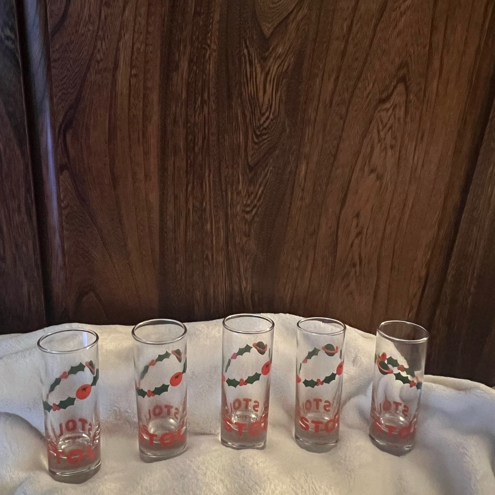 Stoli, The Russian Phenomenon, five excellent condition Stoli shot glasses.